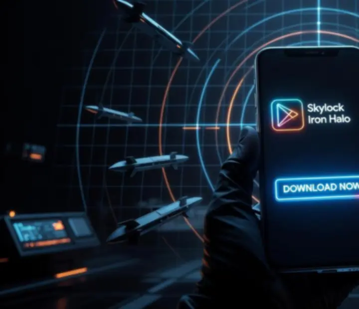 Visuel promotionnel mettant en scène le téléchargement de Skylock Iron Halo sur Google Play.