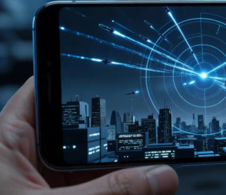 Capture d’écran de Skylock Iron Halo sur un téléphone Android, montrant le radar et les missiles en approche
