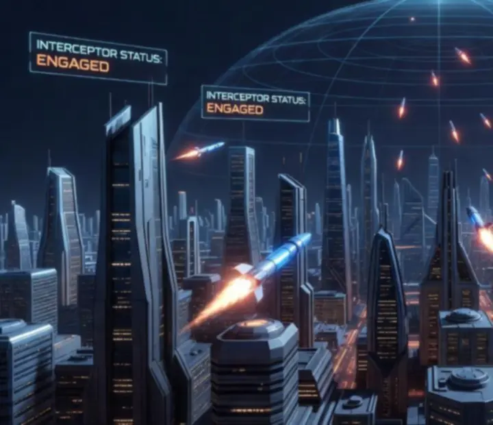 Interface de défense de la ville avec interception de missiles dans Skylock Iron Halo