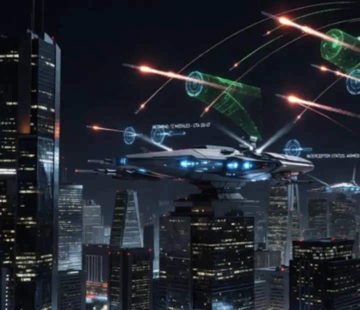 Illustration d’une ville futuriste protégée par un système de missiles dans Skylock Iron Halo.