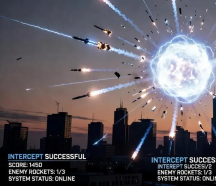 Explosion d’un missile intercepté au-dessus d’une ville futuriste dans Skylock Iron Halo.