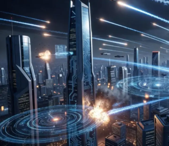 Ville futuriste de nuit attaquée par des missiles lumineux, avec intercepteurs en action