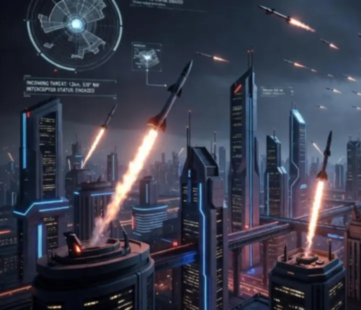 Vue cinématique de missiles intercepteurs protégeant une ville futuriste dans Skylock Iron Halo.