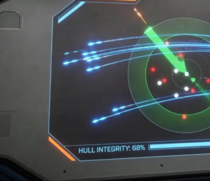 Interface futuriste de Skylock Iron Halo avec radar, cibles verrouillées et trajectoires de missiles
