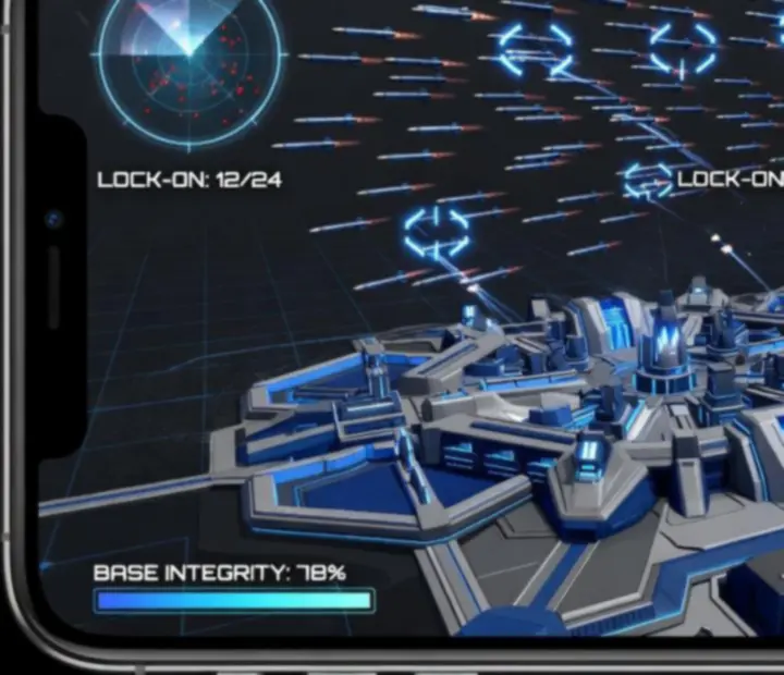 Interface mobile de Skylock Iron Halo avec radars, verrous de missiles et menaces approchant de la ville