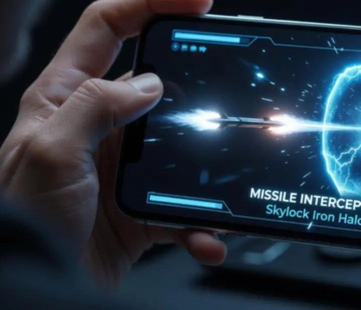 Joueur tenant un smartphone avec un jeu de défense de missiles affiché à l’écran