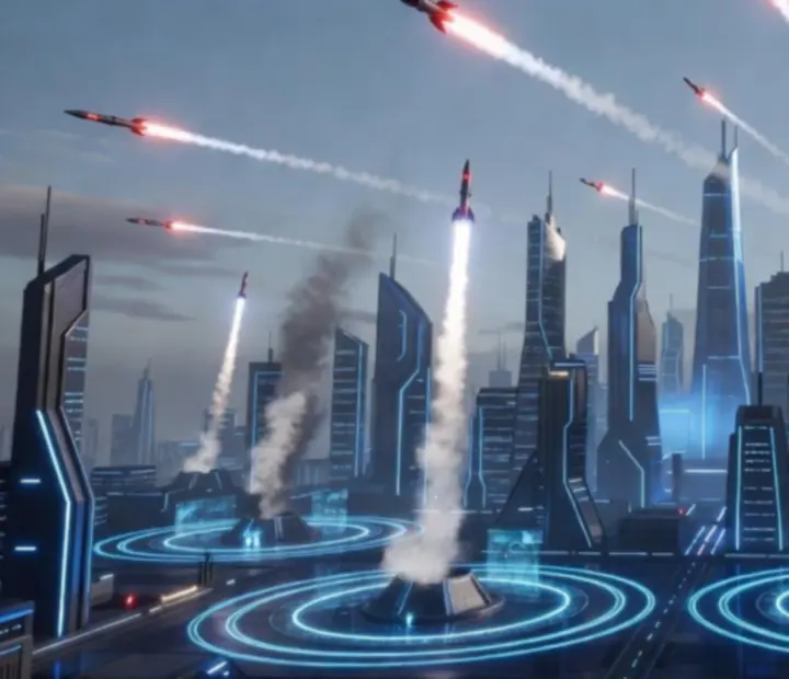 Vue des villes à protéger sous un ciel chargé de missiles