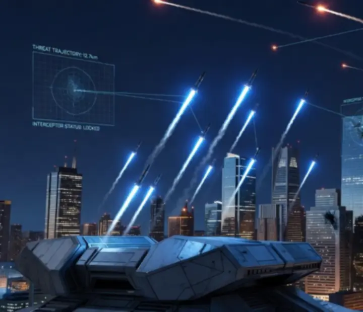 Vue futuriste de Skylock Iron Halo avec interface de défense et ciel rempli de missiles