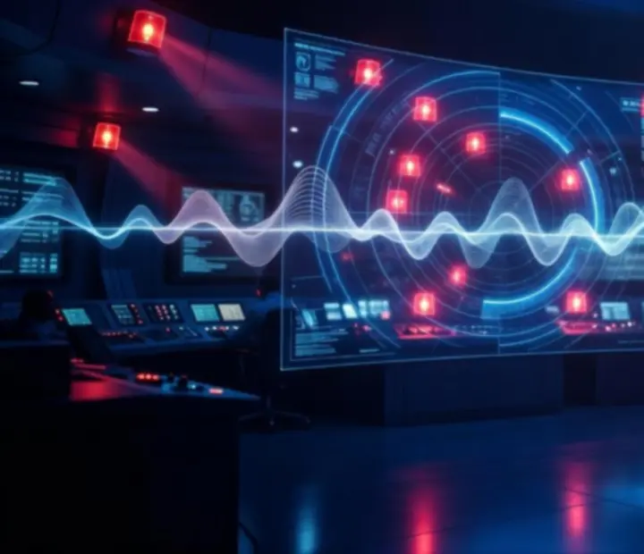 Ambiance cinématique avec ciel nocturne, explosions lumineuses et interface de défense